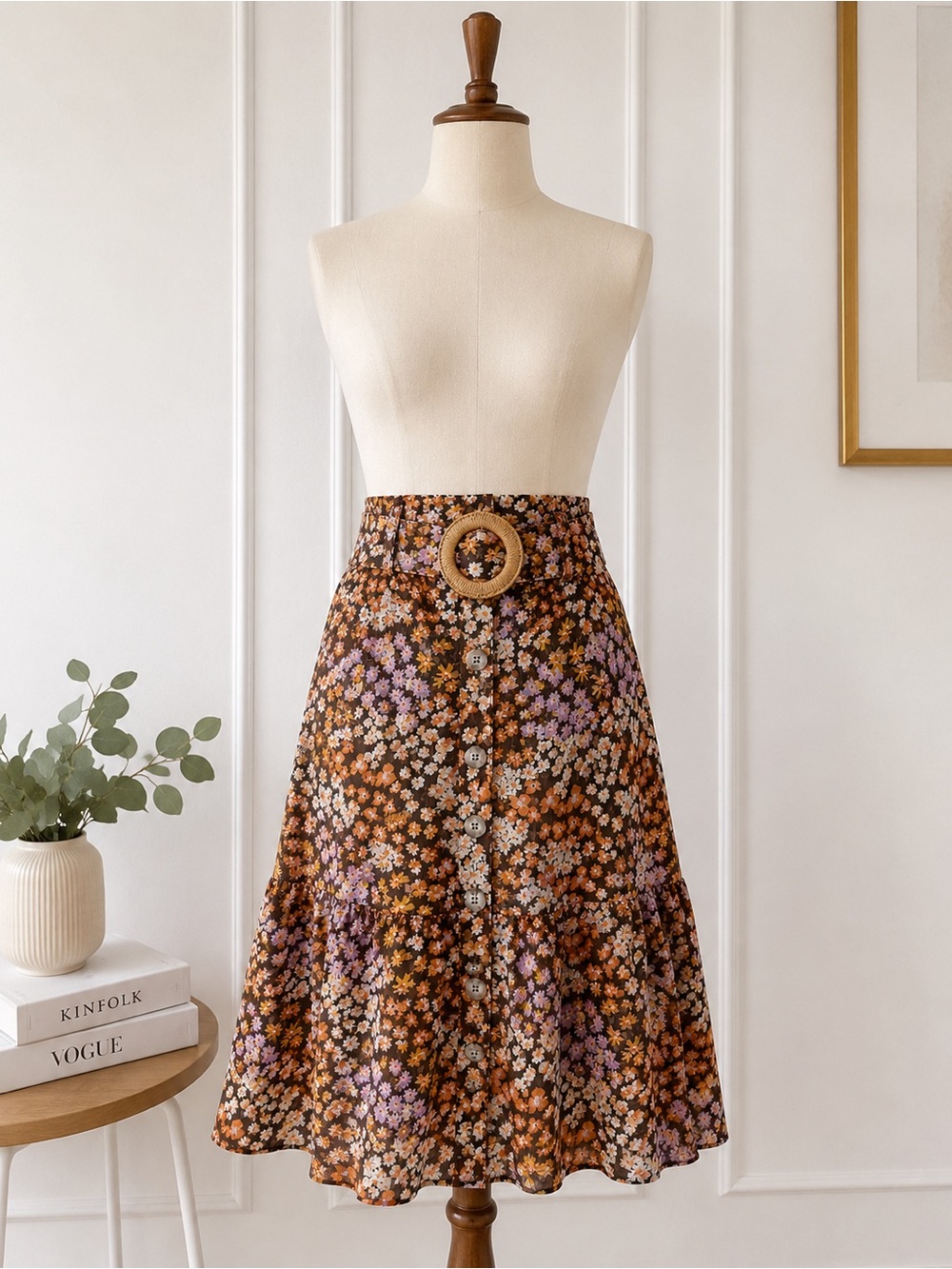 june & hudson Brown Floral Button-Front A-Line Skirt with Woven Belt